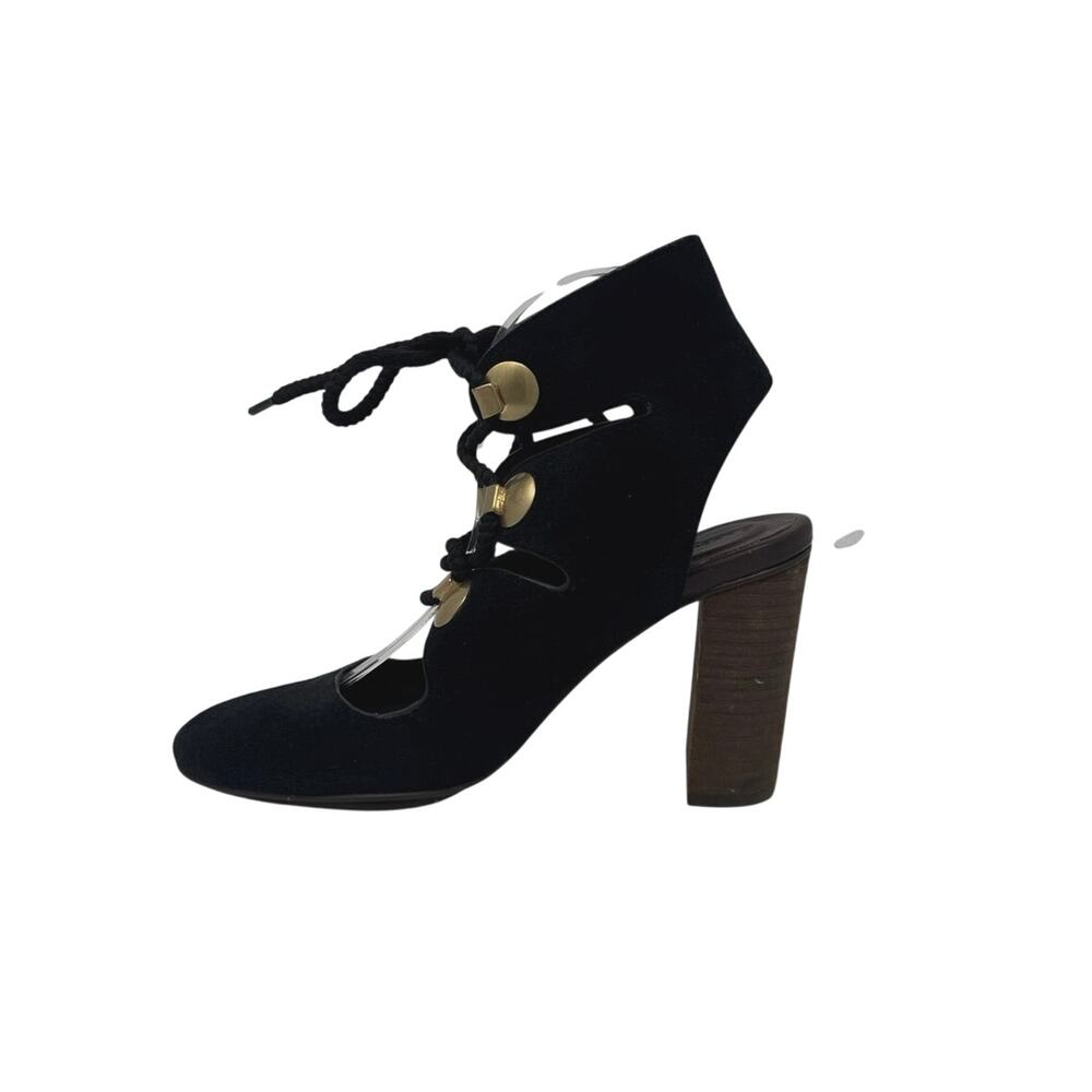 See by Chloe Black Suede Lace-Up Heels Gold Hardware Ankle Boots Size 39